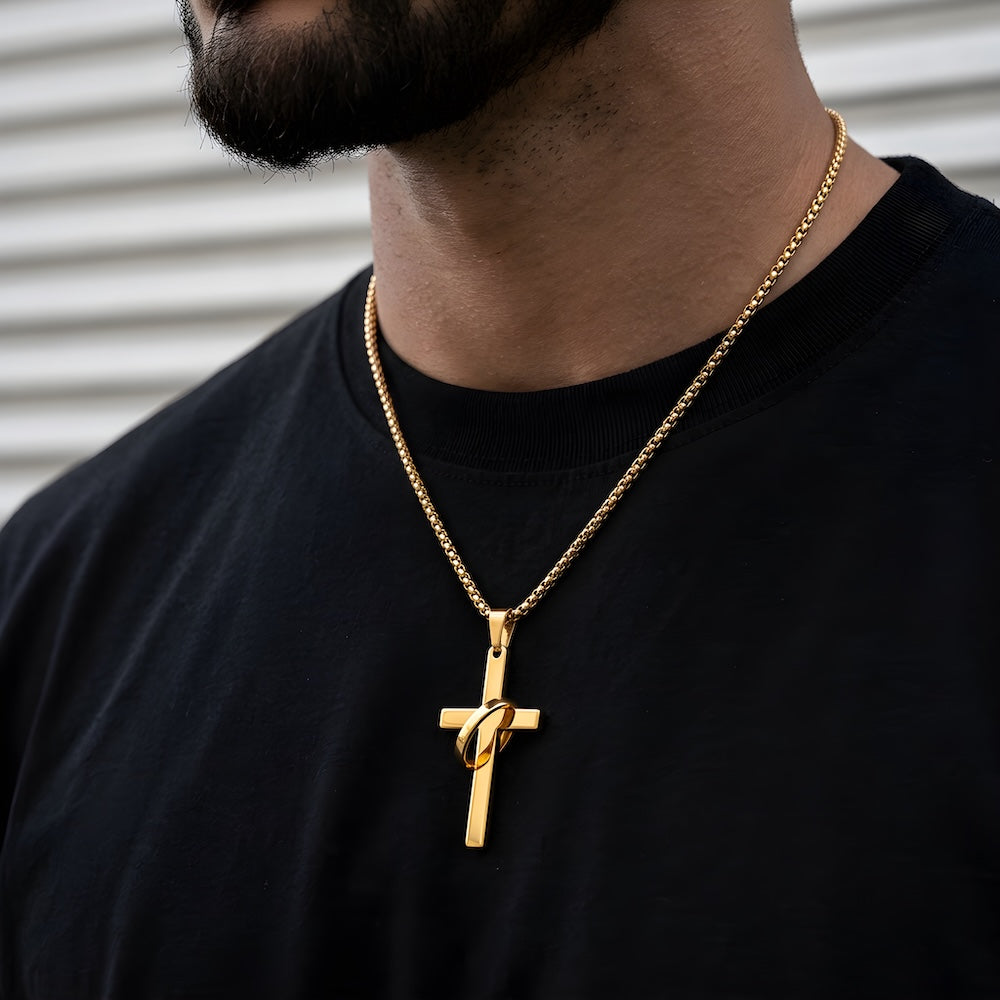 Gold Cross w/ Ring Chain Necklace