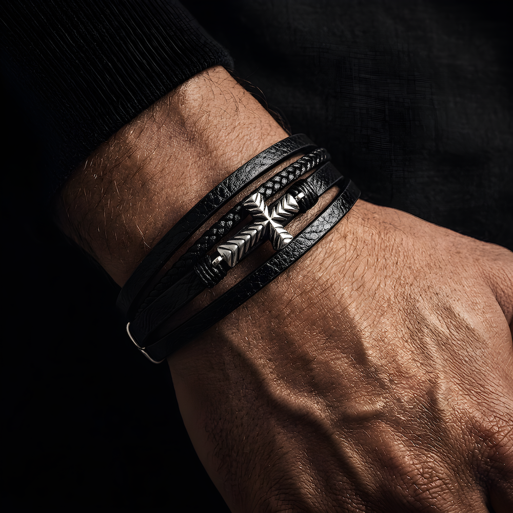 Layered Silver Cross Leather Bracelet