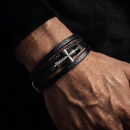 Layered Silver Cross Leather Bracelet