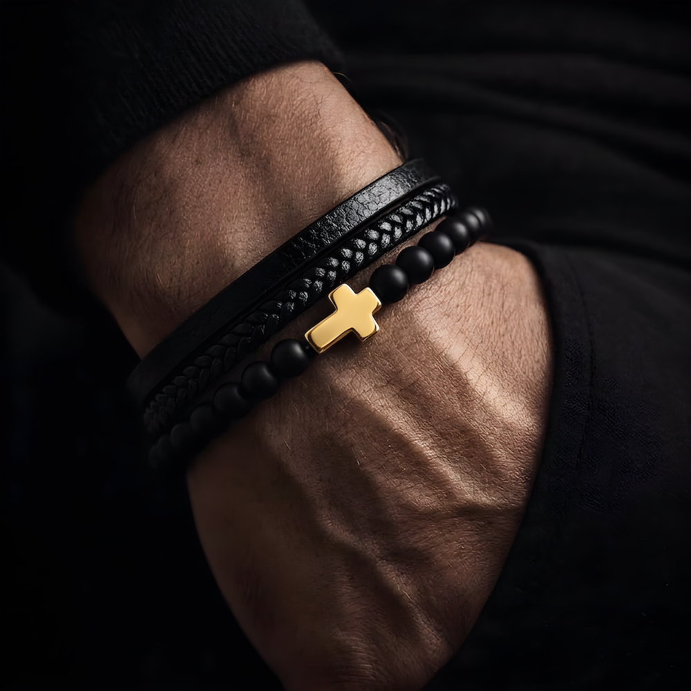 Gold Cross Leather Bracelet