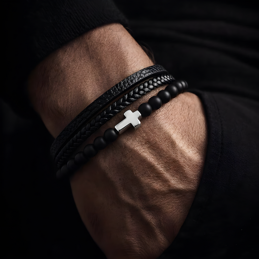 Silver Cross Leather Bracelet