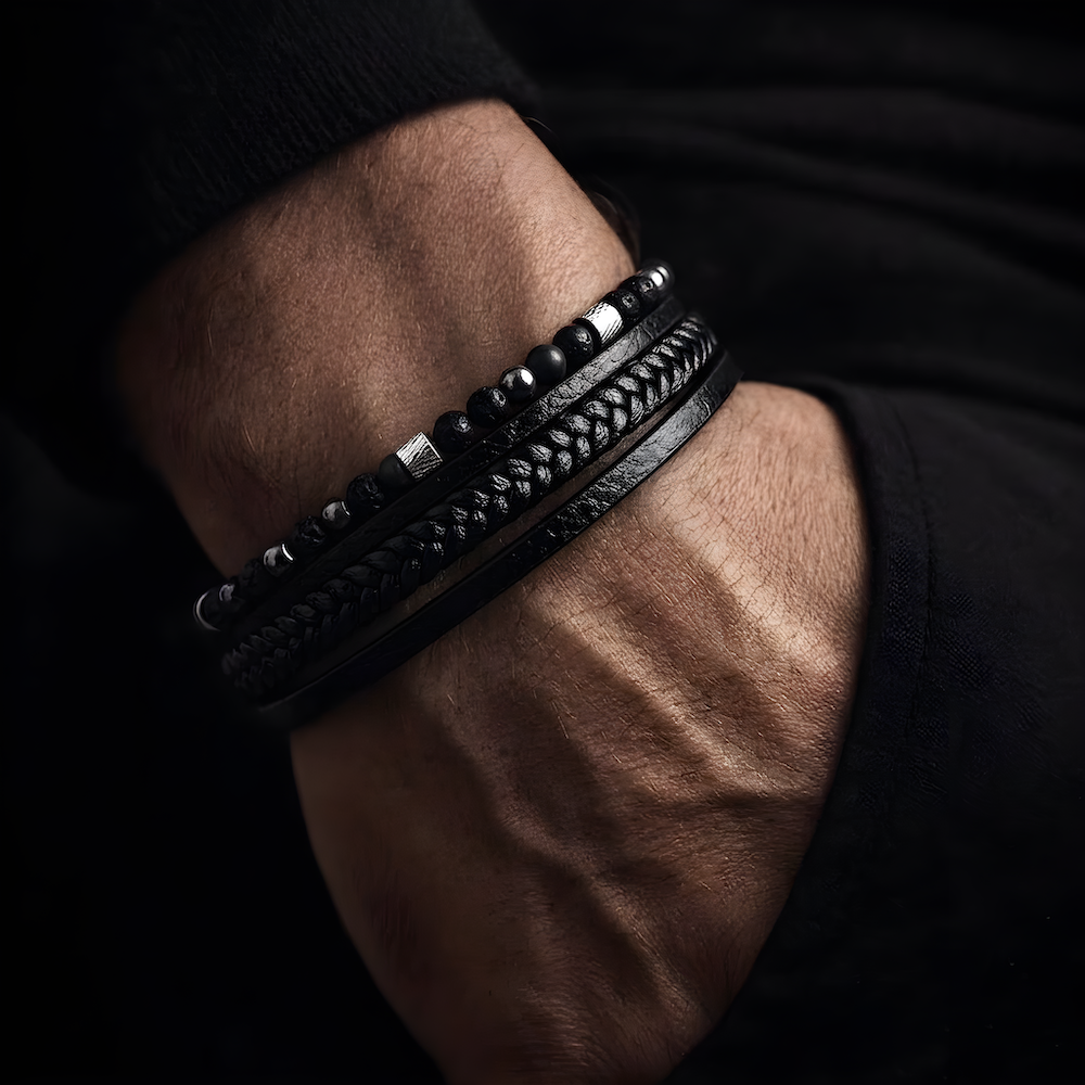 Black Leather & Bead Bracelet