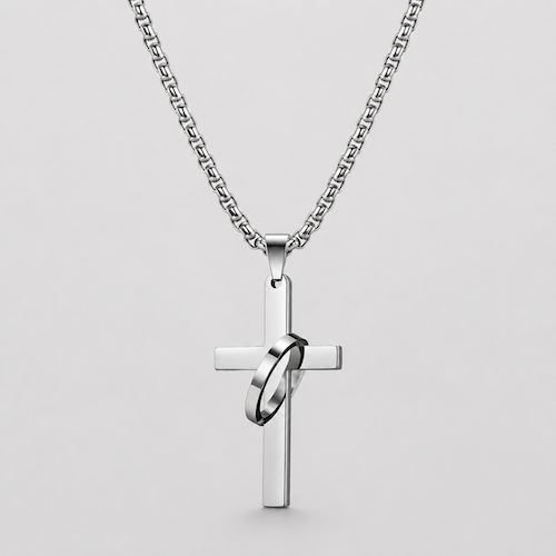 Silver Cross w/ Ring Chain Necklace