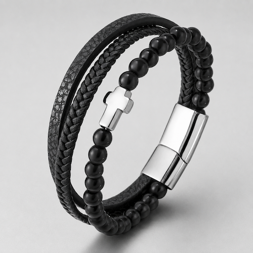 Silver Cross Leather Bracelet