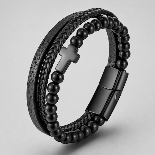 Black Cross Leather Bracelet