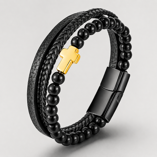 Gold Cross Leather Bracelet