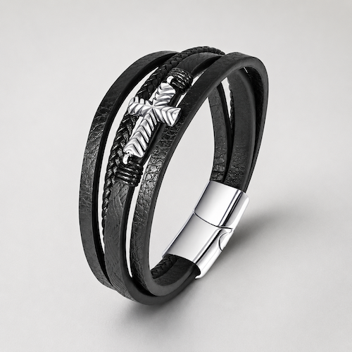 Layered Silver Cross Leather Bracelet