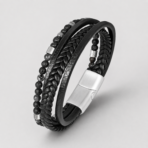 Black Leather & Bead Bracelet