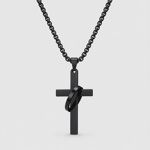 Black Cross w/ Ring Chain Necklace