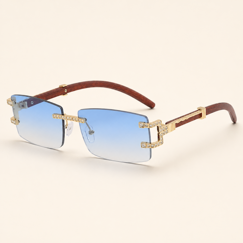 Gold Rimless Sunglasses with Blue Gradient Lenses