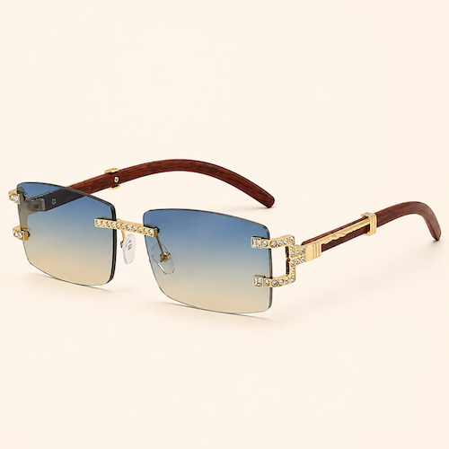 Gold Rimless Sunglasses with Blue-Gold Gradient Lenses