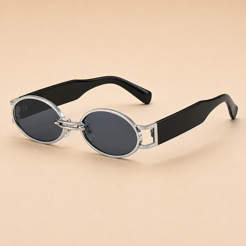 Silver Oval Sunglasses with Black Statement Arms