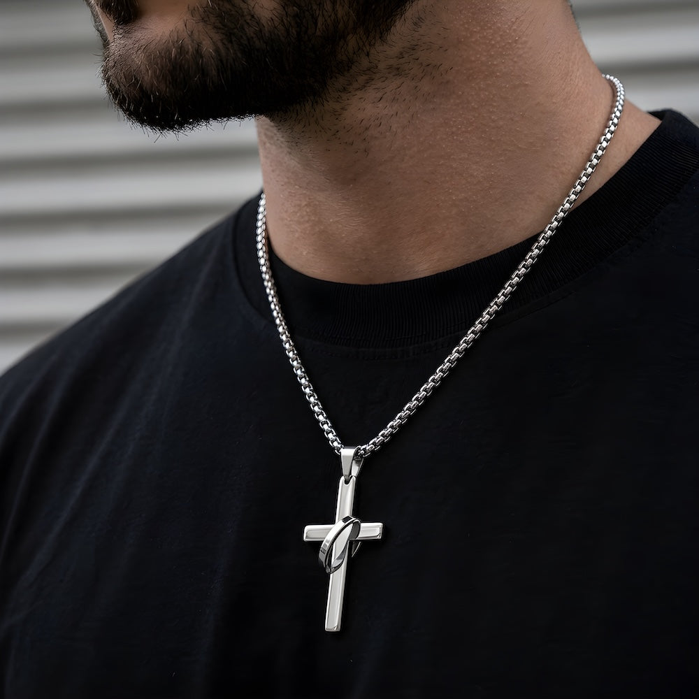 Silver Cross w/ Ring Chain Necklace