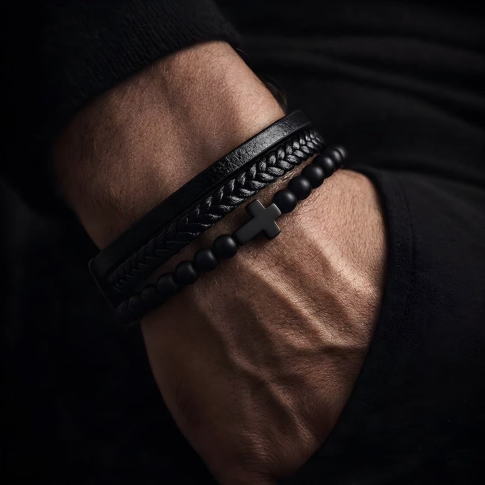 Black Cross Leather Bracelet