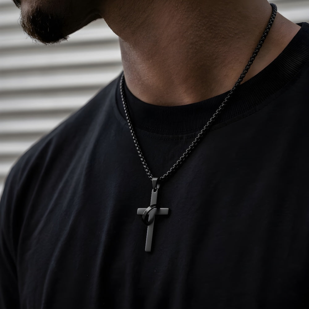 Black Cross w/ Ring Chain Necklace