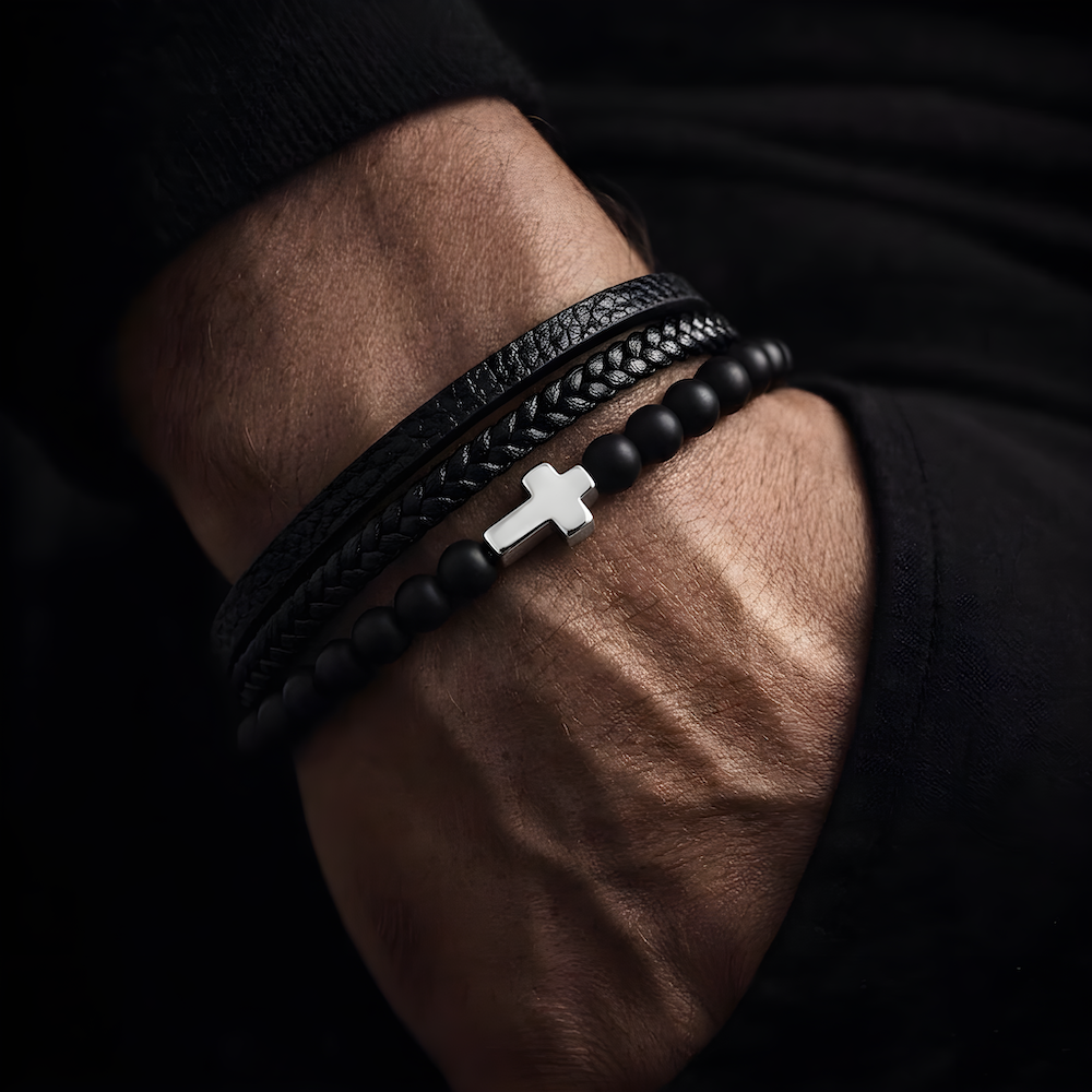 Silver Cross Leather Bracelet